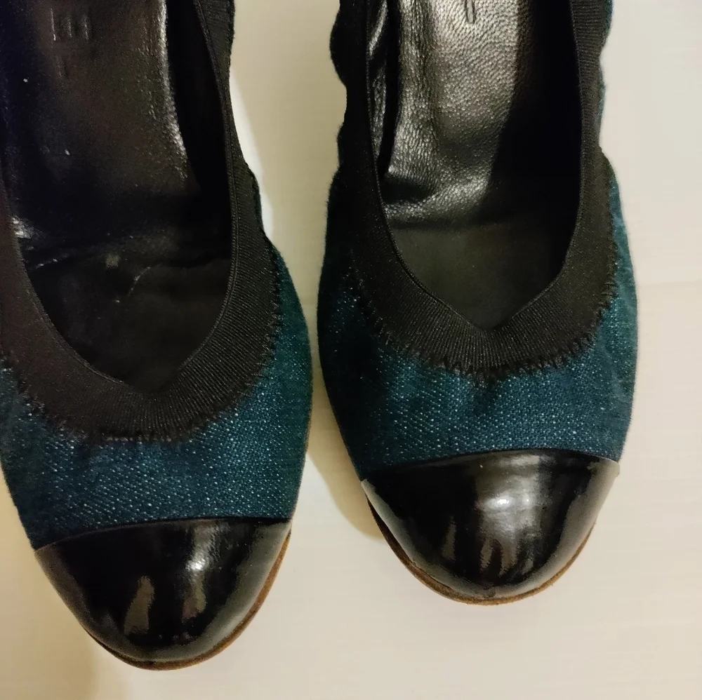 CHANEL Ballet w Heels- Blue Jeans Leather 37.5 - 7US